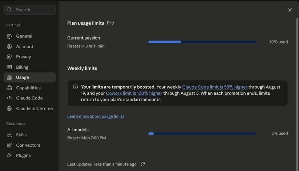 Claude.ai Settings Usage page showing plan usage limits for a Pro account, with a current session bar at 30% used resetting in 3 hours 11 minutes, and a weekly all-models bar at 5% used resetting Monday at 7:00 PM Usage on claude.ai