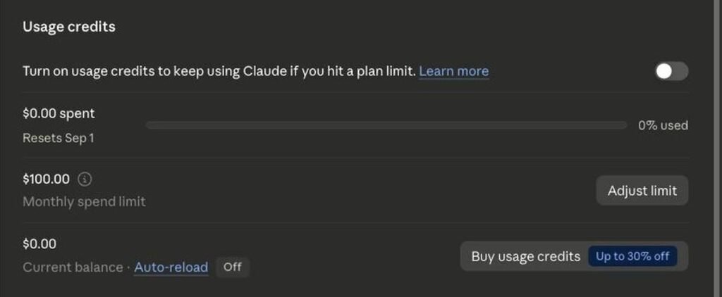 Claude usage credits settings showing a toggle to keep using Claude after hitting a plan limit, dollars spent this period resetting September 1, a $100 monthly spend limit with an adjust button, and current balance with auto-reload off Usage credits — what to do when you hit the limit