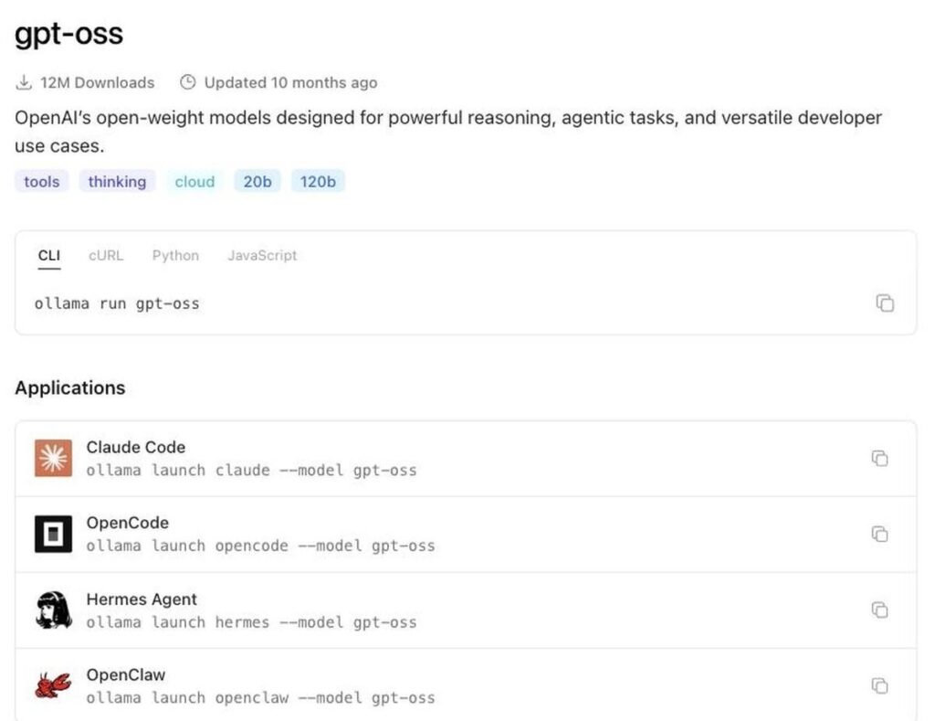 Screenshot of the Ollama gpt-oss model page showing the run command and an Applications section with launch commands for Claude Code, OpenCode, Hermes Agent and OpenClaw Ollama's model page showing one-line launchers for Claude Code, OpenCode and other agents.