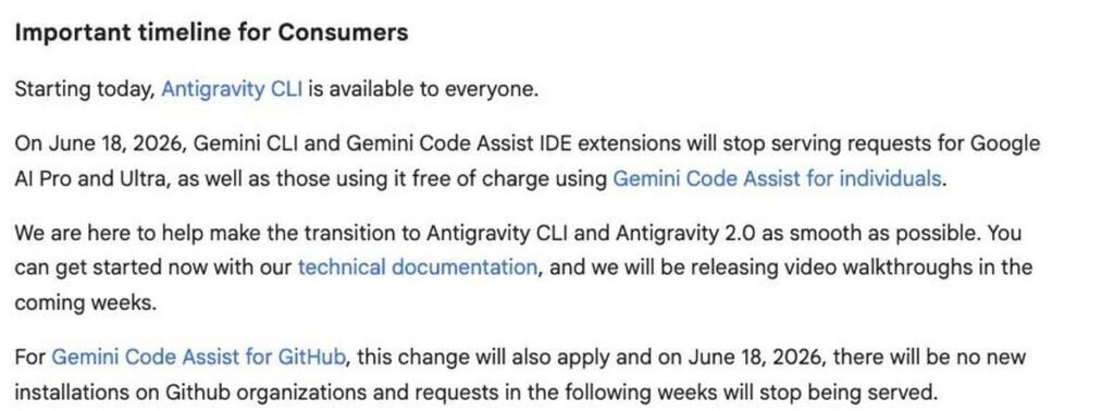 Screenshot of the Google Developers Blog post stating that on June 18 2026 Gemini CLI and Gemini Code Assist IDE extensions will stop serving requests for Google AI Pro and Ultra as well as free users Screenshot of the Google Developers Blog post stating that on June 18 2026 Gemini CLI and Gemini Code Assist IDE extensions will stop serving requests for Google AI Pro and Ultra as well as free users
