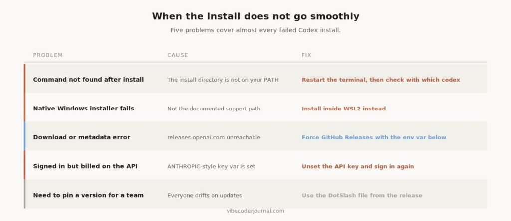 Five problems that cover almost every failed Codex install.