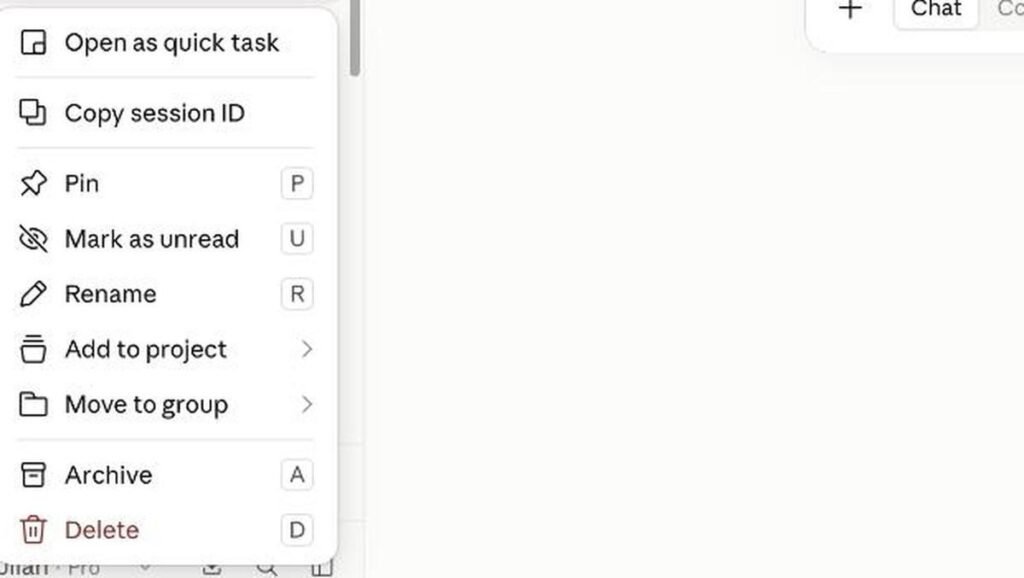 Screenshot of the Claude conversation menu showing options for open as quick task, copy session ID, pin, mark as unread, rename, add to project, move to group, archive and delete, with no export or download option Every option on a single conversation. Export is not among them.