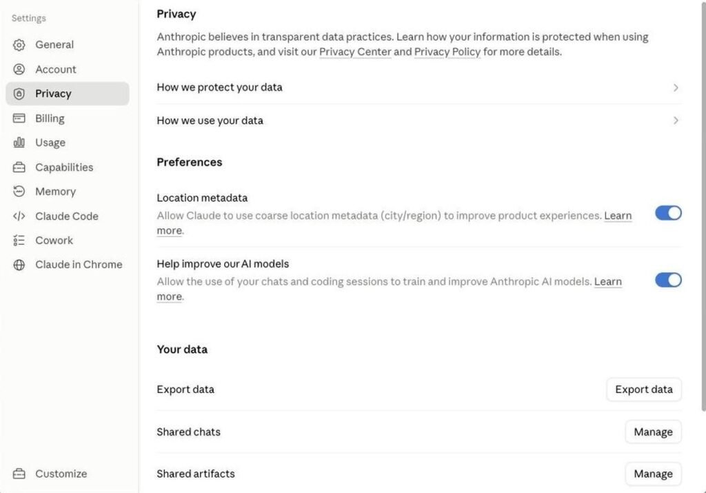 Claude Settings Privacy panel showing preferences for location metadata and model training, and a Your data section containing the Export data button alongside shared chats and shared artifacts The Privacy panel on a live Pro account. The Export data button sits under "Your data".