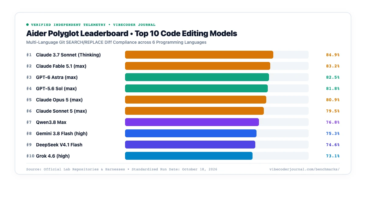 Aider Polyglot Leaderboard top 10 models ranked by multi-language git diff search replace compliance