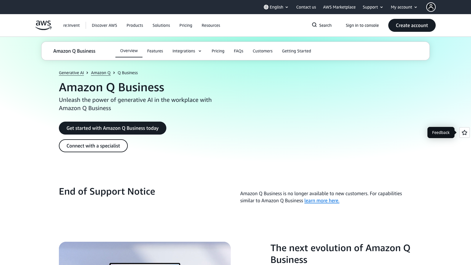 Amazon Q Business official homepage screenshot captured October 2026