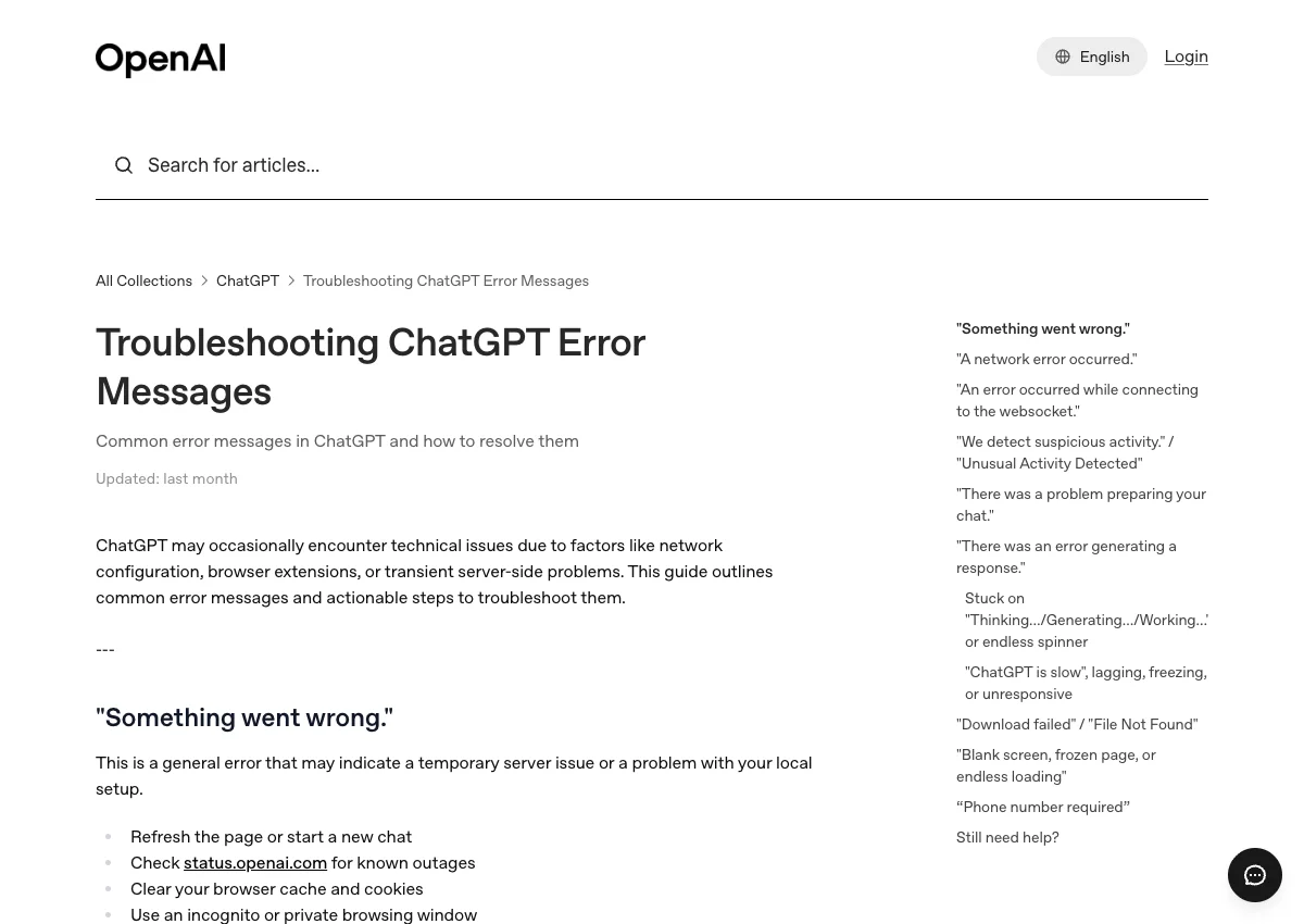 OpenAI Help Center documentation listing verified error messages and solutions for ChatGPT not working