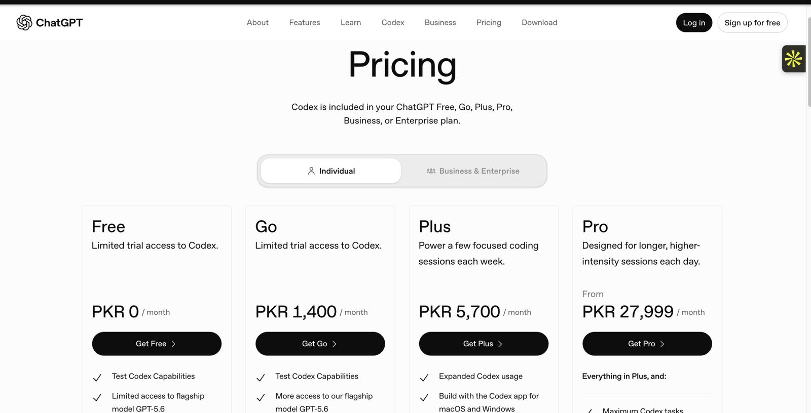 Screenshot of the ChatGPT pricing page showing the Free, Go, Plus ($20/month) and Pro plans, with Codex included in every plan