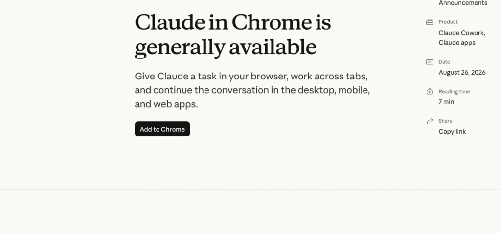 Claude in Chrome generally available announcement, 26 August 2026