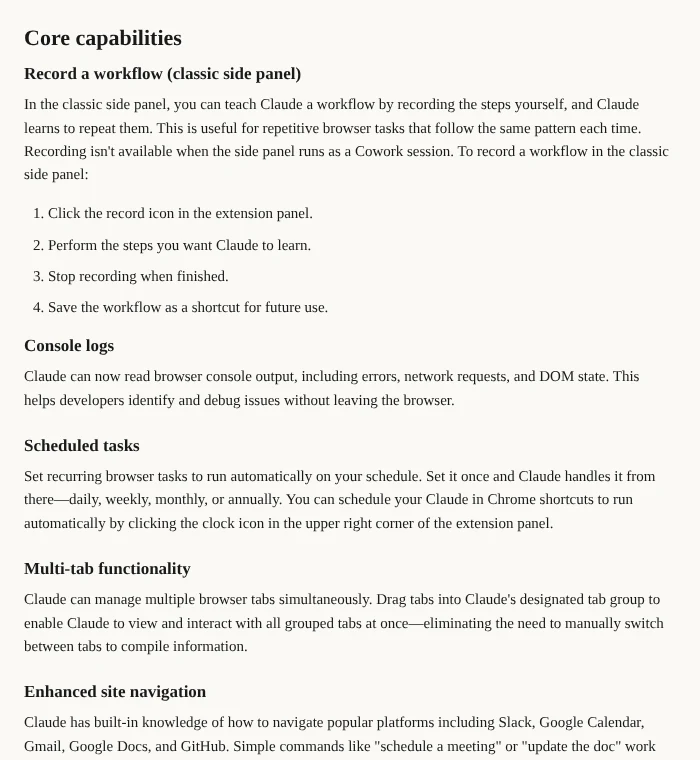 Claude in Chrome core capabilities in Anthropic’s help centre: recorded workflows, console logs, scheduled tasks, multi-tab work and site navigation