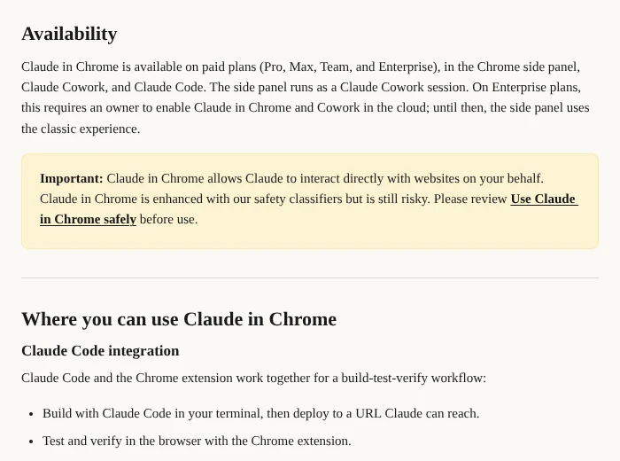 Claude in Chrome availability: paid plans Pro, Max, Team and Enterprise