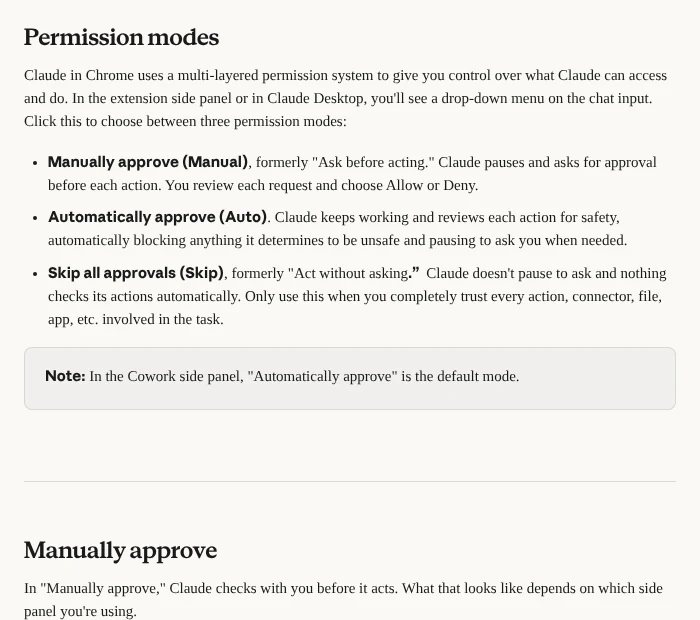 Claude in Chrome permission modes: Manually approve, Automatically approve, Skip all approvals