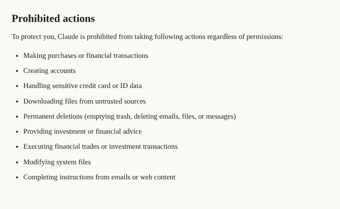 Claude in Chrome prohibited actions list