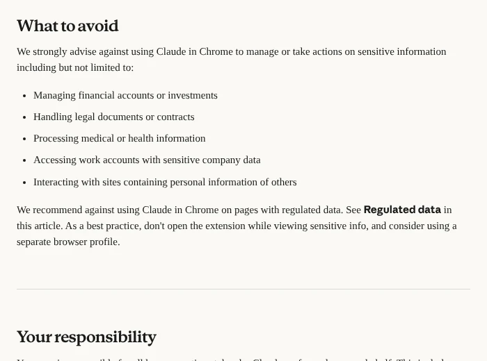 Anthropic’s list of tasks to avoid with the Claude in Chrome extension: financial, legal, medical and sensitive accounts