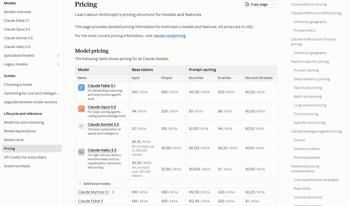 Official Anthropic API documentation page displaying token pricing and prompt caching rates