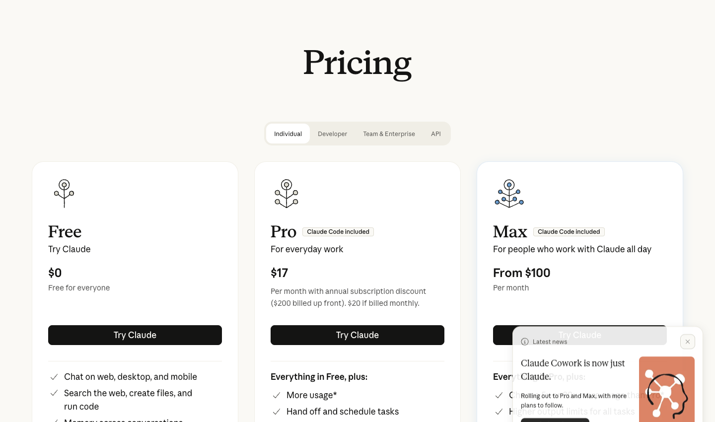 Official Claude pricing plans interface showing Free, Pro, and Max tiers on claude.com