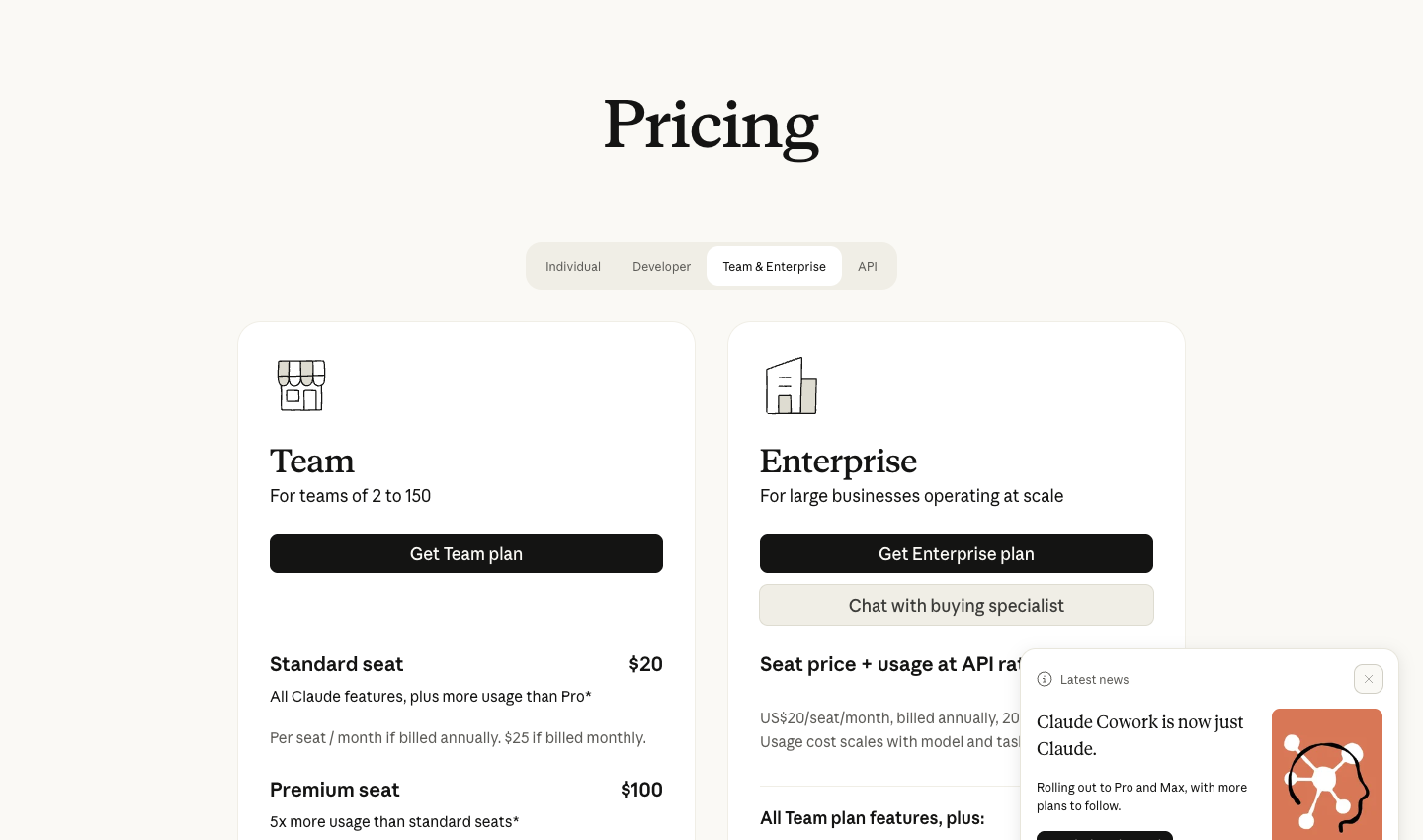 Claude Team and Enterprise pricing interface showing standard and premium seat tiers