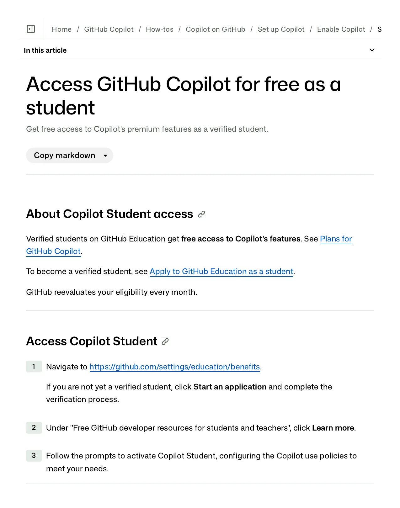 GitHub docs page for setting up GitHub Copilot as a verified student