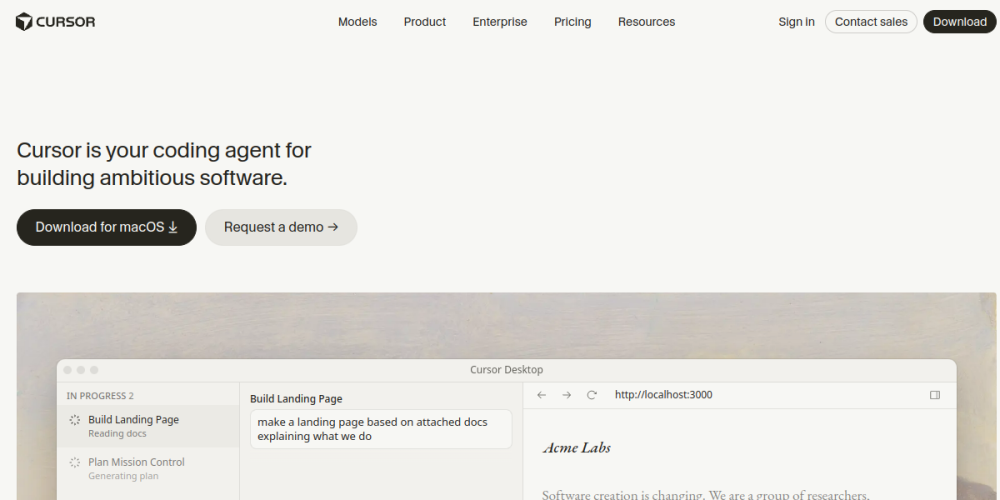 Cursor AI Code Editor Homepage and Interface