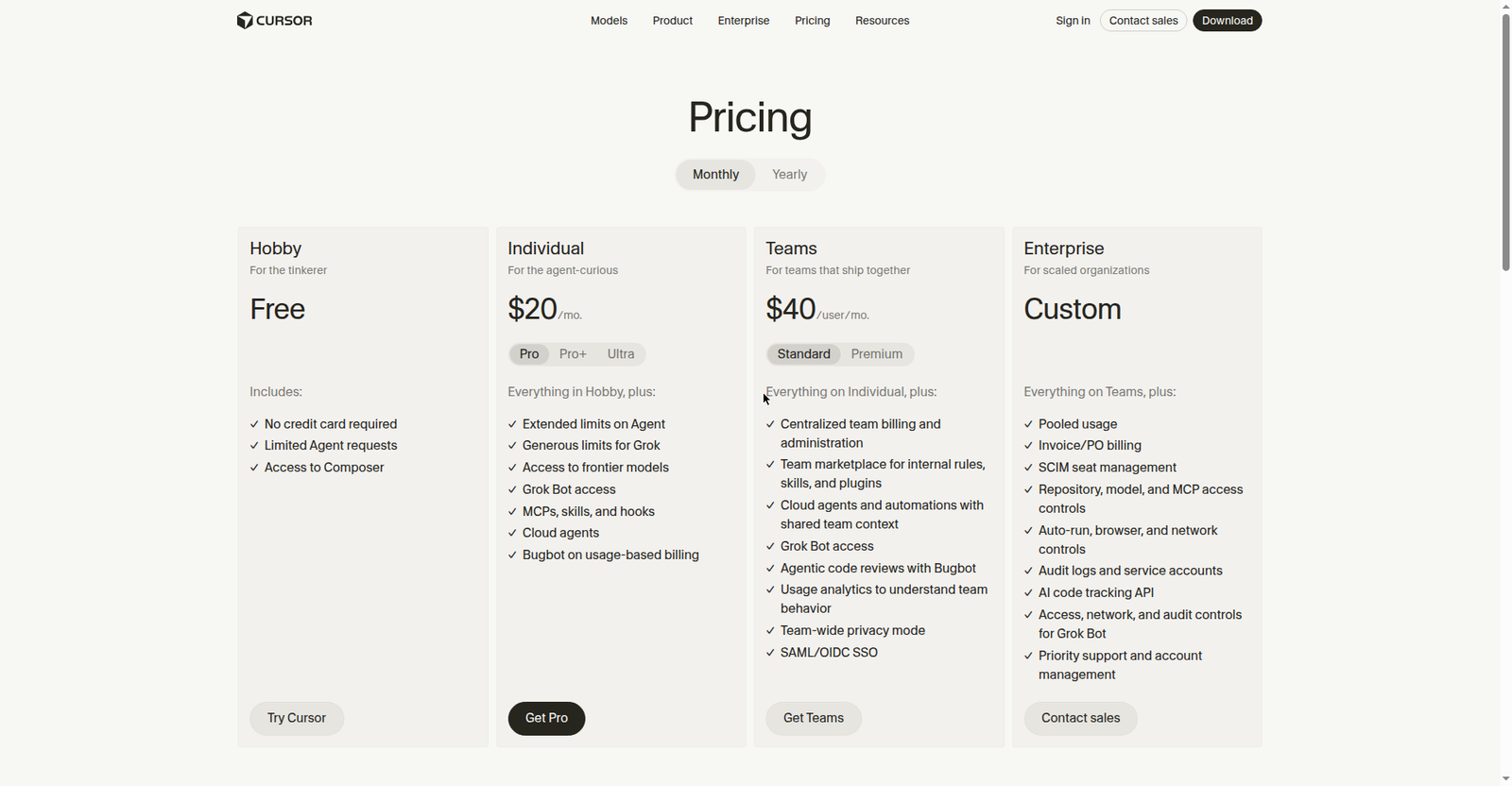 Screenshot of the Cursor pricing page showing the Hobby, Individual Pro ($20/month), Teams and Enterprise plans