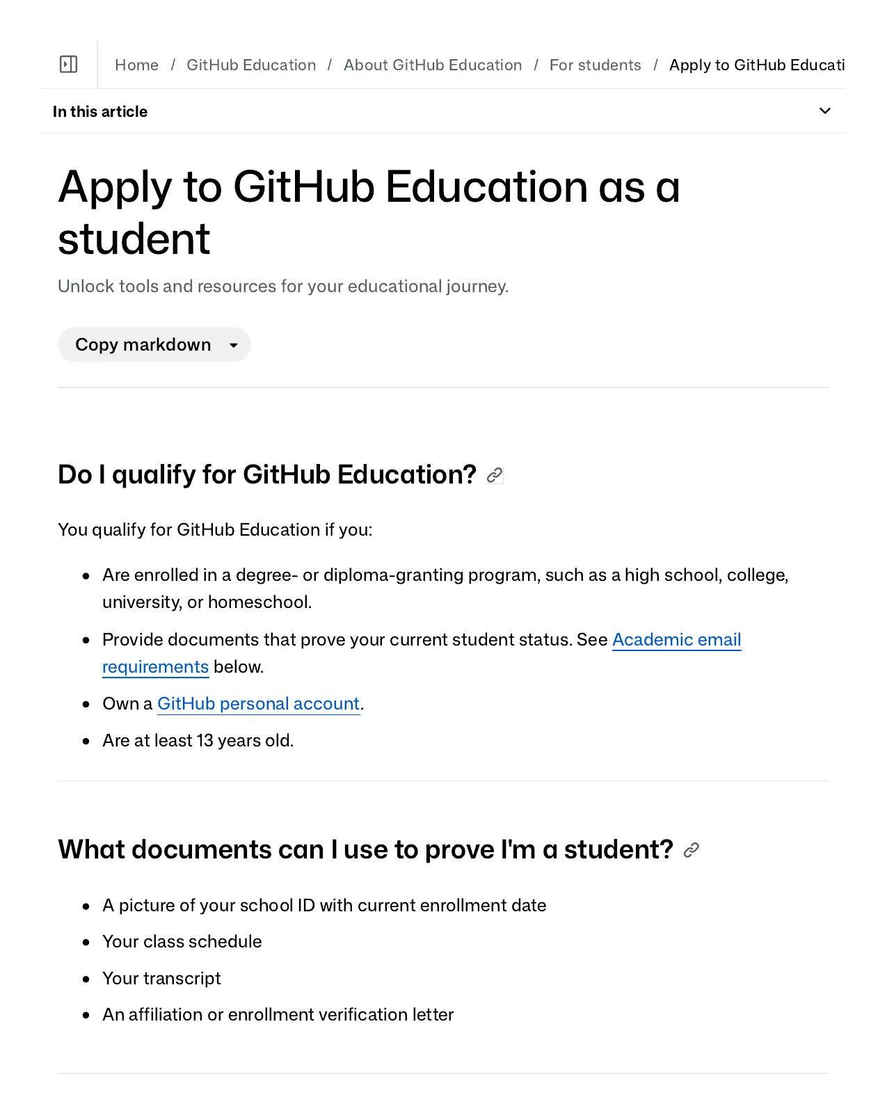 GitHub docs page explaining how students apply to GitHub Education