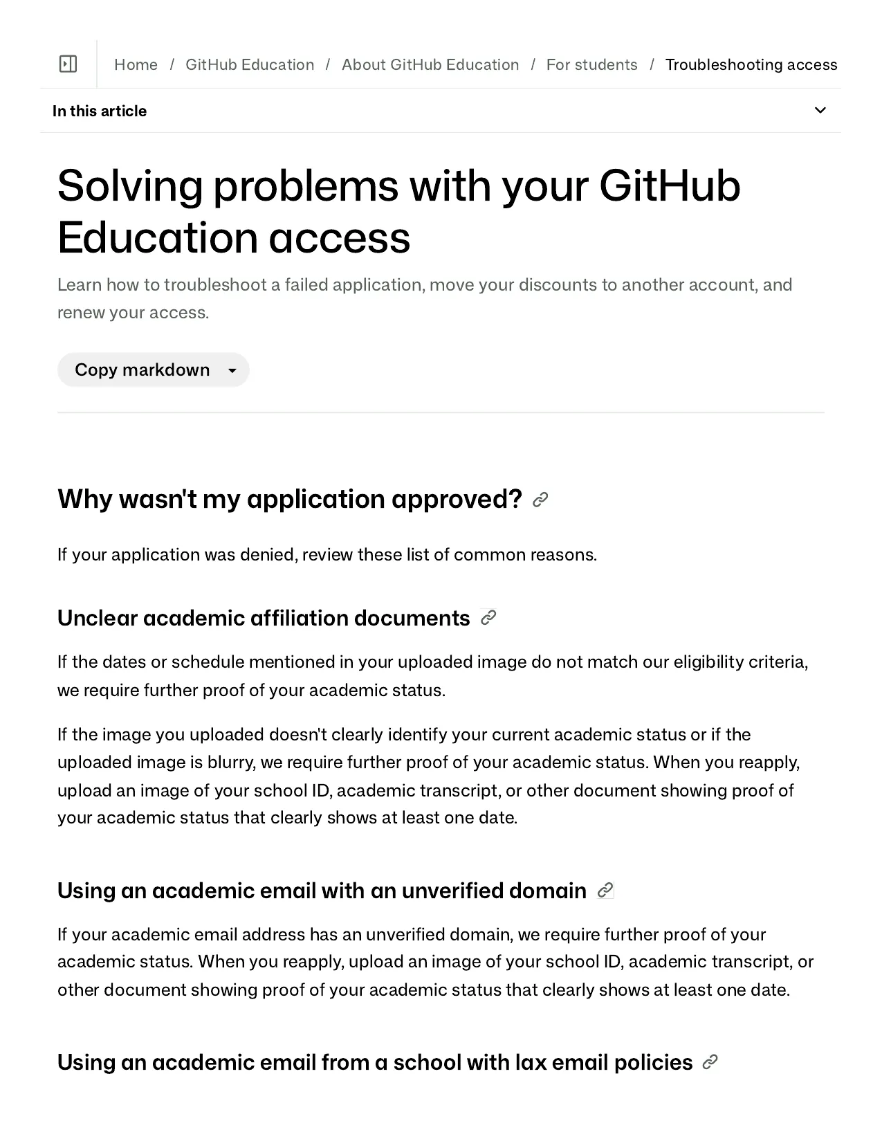 GitHub docs listing reasons student verification applications are rejected
