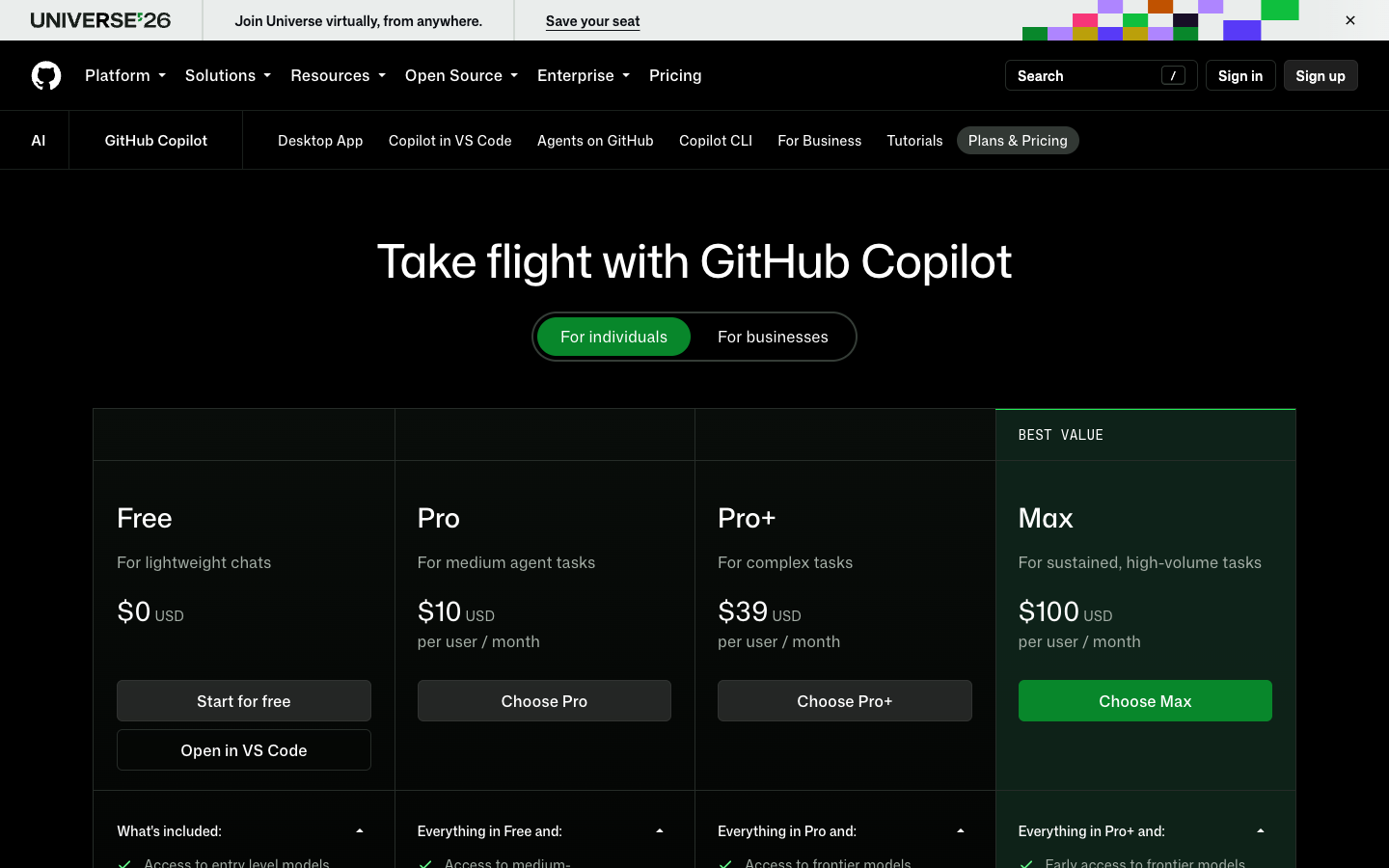 Official GitHub Copilot plans page detailing Free, Pro $10/mo, and Business tiers