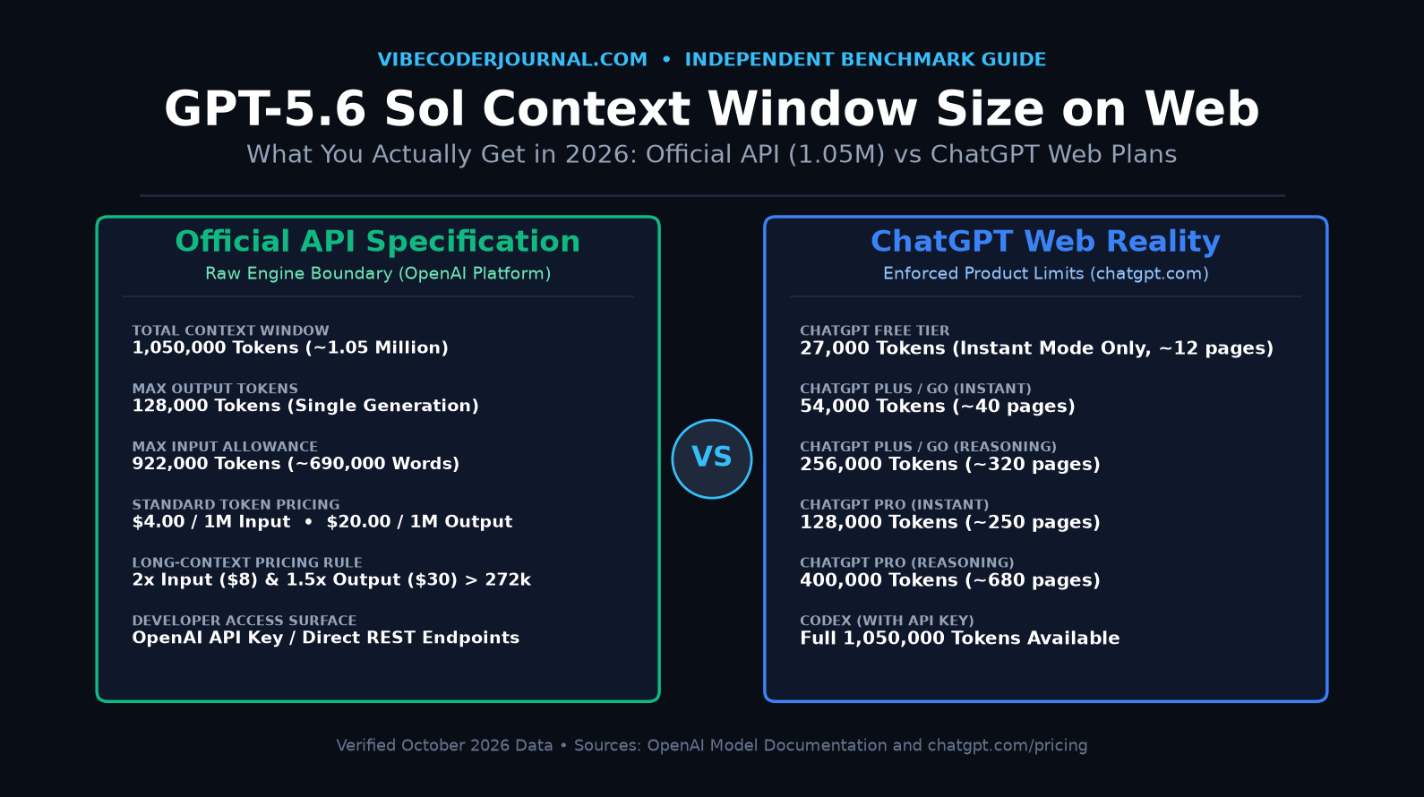 gpt-5.6 sol context window size on web overview comparing official 1.05M API spec with ChatGPT web plan limits