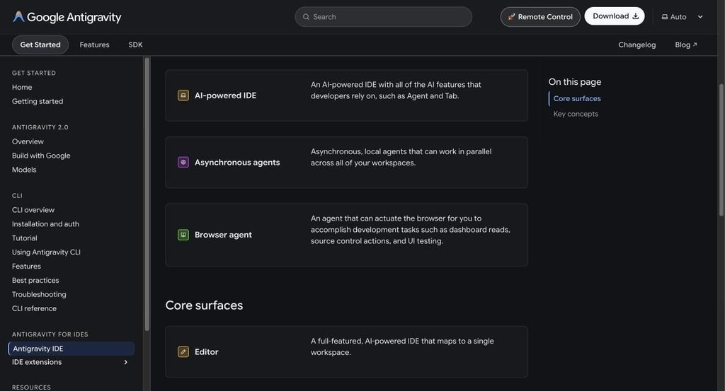 Antigravity IDE docs describing the browser agent for dashboard reads, source control actions and UI testing
