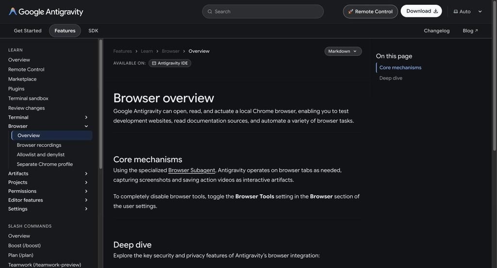 Antigravity browser overview docs explaining the Browser Subagent captures screenshots and saves action videos