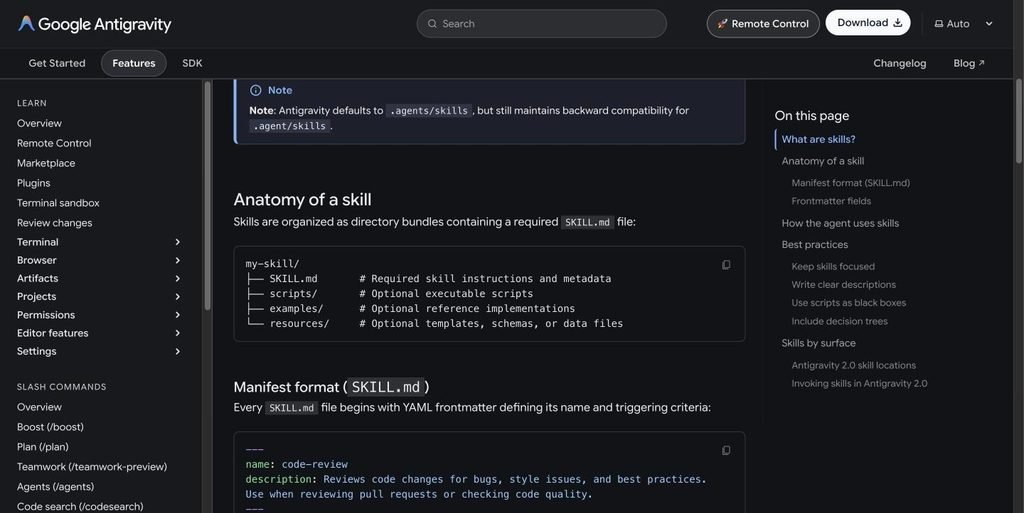 Antigravity docs showing the anatomy of a skill folder and the SKILL.md manifest format