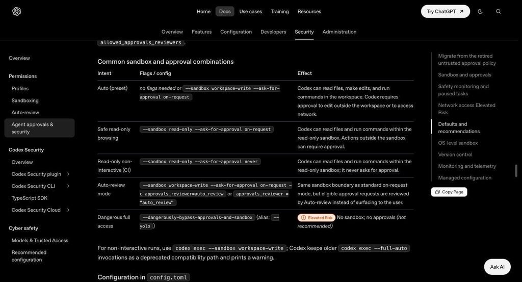 OpenAI Codex docs table of sandbox and approval combinations, showing –dangerously-bypass-approvals-and-sandbox with the –yolo alias marked Elevated Risk