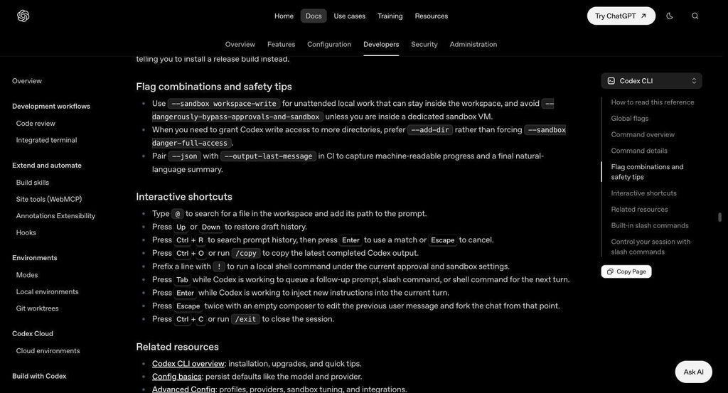 OpenAI Codex CLI reference flag combinations and safety tips advising to avoid the bypass flag unless inside a dedicated sandbox VM