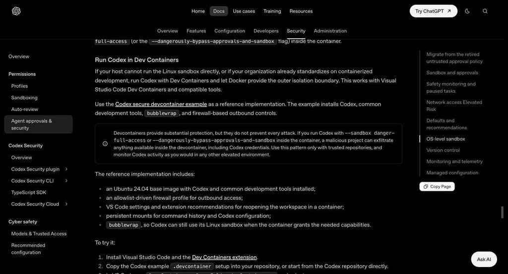 OpenAI Codex docs warning that devcontainers don’t prevent every attack when running with danger-full-access or the bypass flag