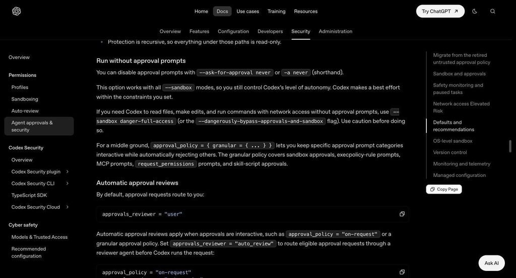 OpenAI Codex docs explaining how to run without approval prompts using –ask-for-approval never or -a never