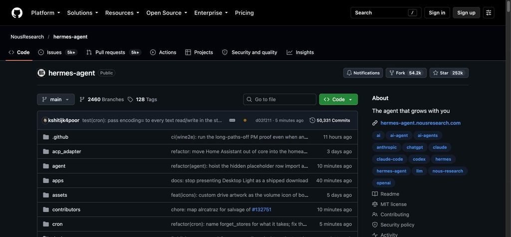The NousResearch/hermes-agent GitHub repository showing 252k stars, 54.2k forks and MIT license