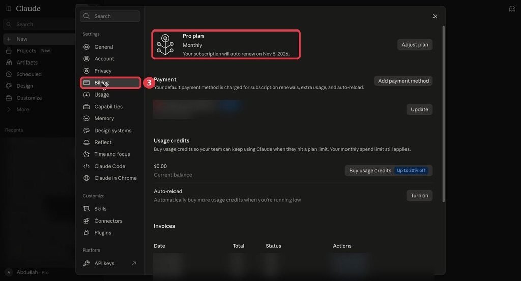 Claude Settings Billing page showing the Pro plan and auto-renew date