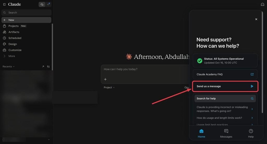 Claude support panel with Send us a message highlighted