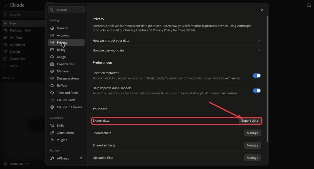 Claude Settings Privacy page with the Export data button highlighted