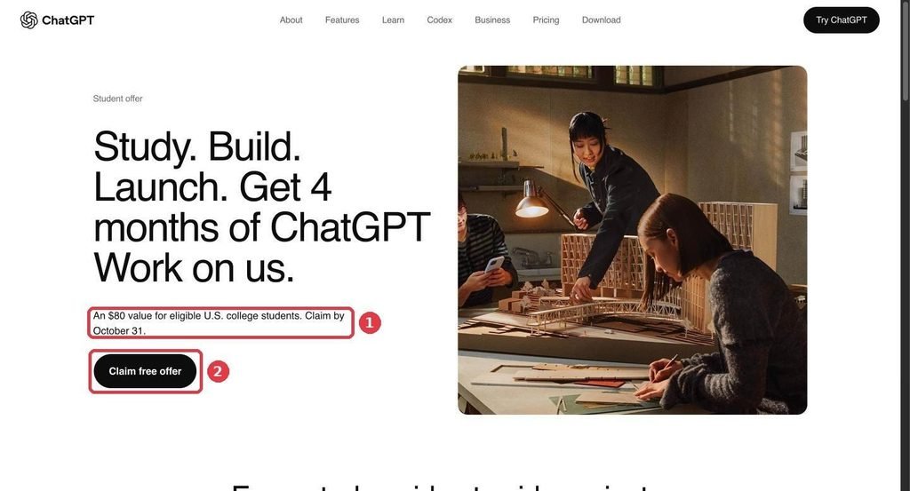 ChatGPT student offer page showing 4 months of ChatGPT Work free for eligible US college students, with the Claim free offer button
