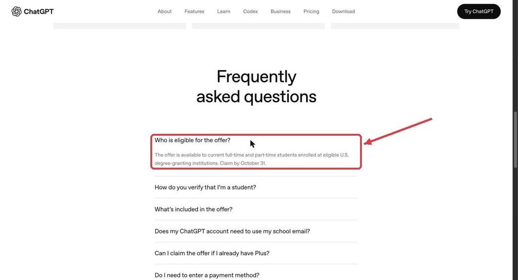 ChatGPT student offer FAQ: the offer is for current full-time and part-time students at eligible US degree-granting institutions, claim by October 31