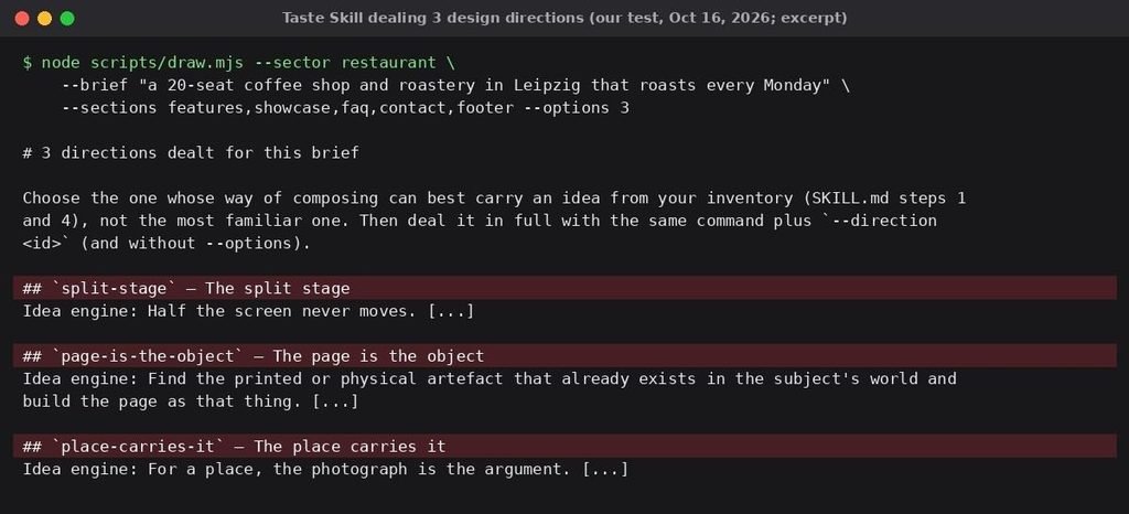 Terminal output of Taste Skill’s draw.mjs dealing three design directions for a coffee shop brief: split-stage, page-is-the-object and place-carries-it