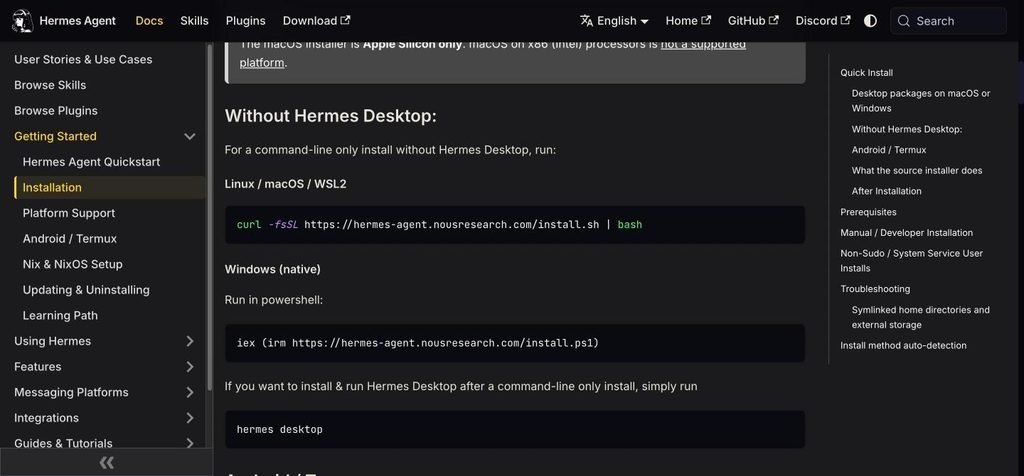 Hermes Agent docs installation page showing the Linux, macOS, WSL2 and Windows install commands