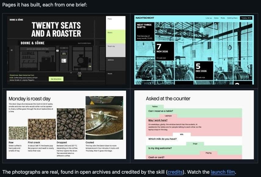 Four example pages built by Taste Skill v2: a coffee shop storefront, a techno night with dates over an archive photo, a roast-day section, and an FAQ as index cards