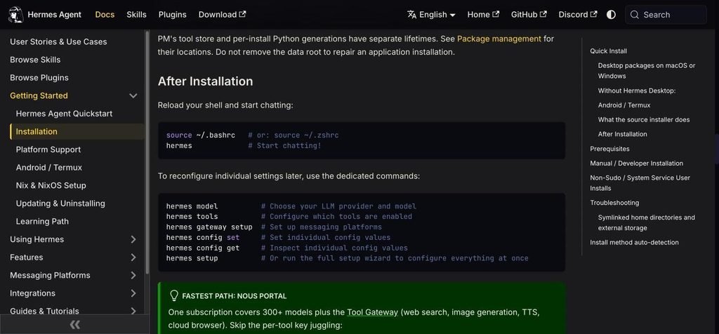 Hermes Agent docs After Installation section listing hermes model, tools, gateway setup, config and setup commands
