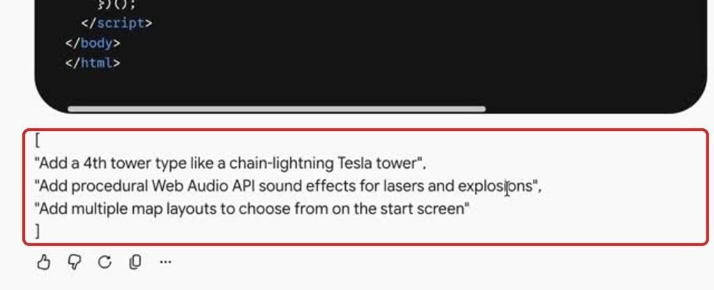 End of Gemini 4 Argon High’s answer: after the closing html tag it added a bracketed list of three follow-up ideas
