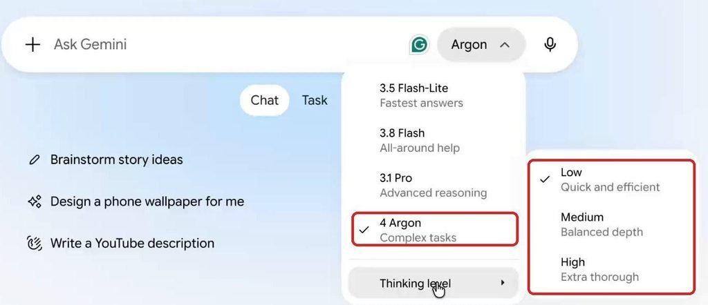 Gemini app model menu with 4 Argon selected and the Thinking level submenu open, showing Low (Quick and efficient), Medium (Balanced depth) and High (Extra thorough)