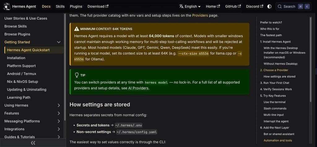 Hermes Agent docs warning that models need at least 64,000 tokens of context