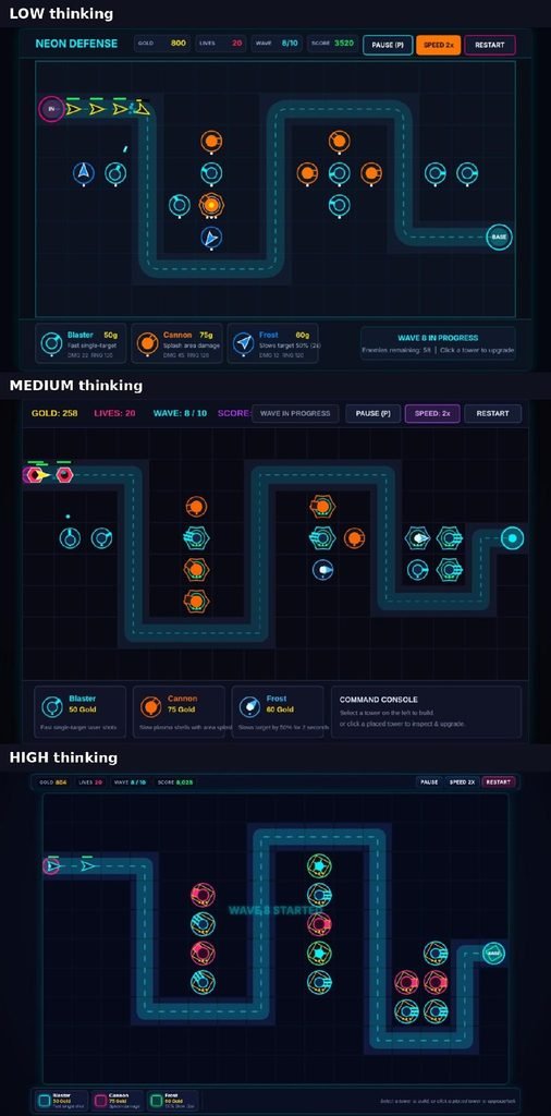 Wave 8 in progress in all three games, showing towers, enemies and the path