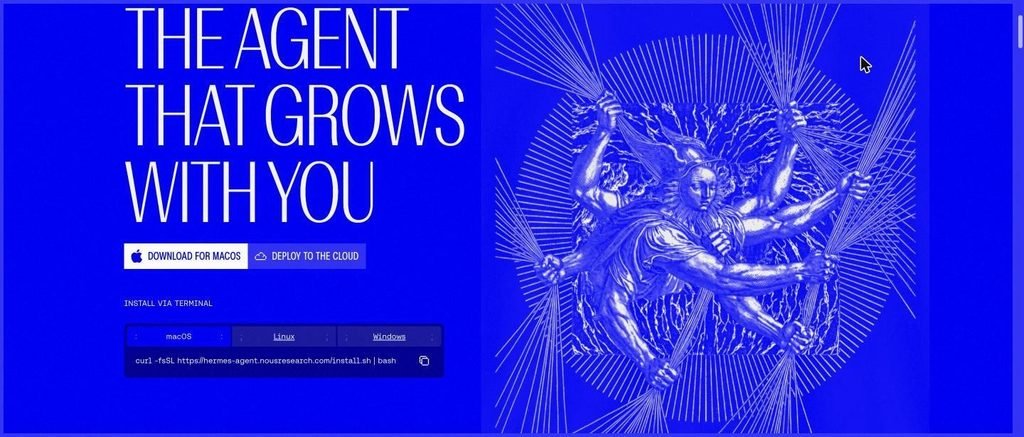 Official Hermes Agent website showing the install via terminal command for macOS, Linux and Windows