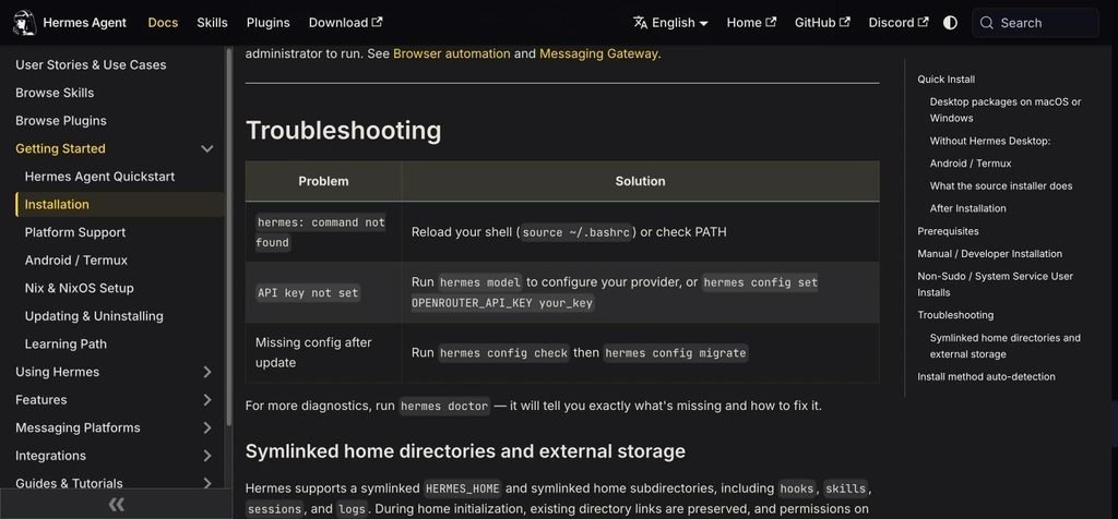 Hermes Agent docs troubleshooting table for command not found, API key not set and missing config after update